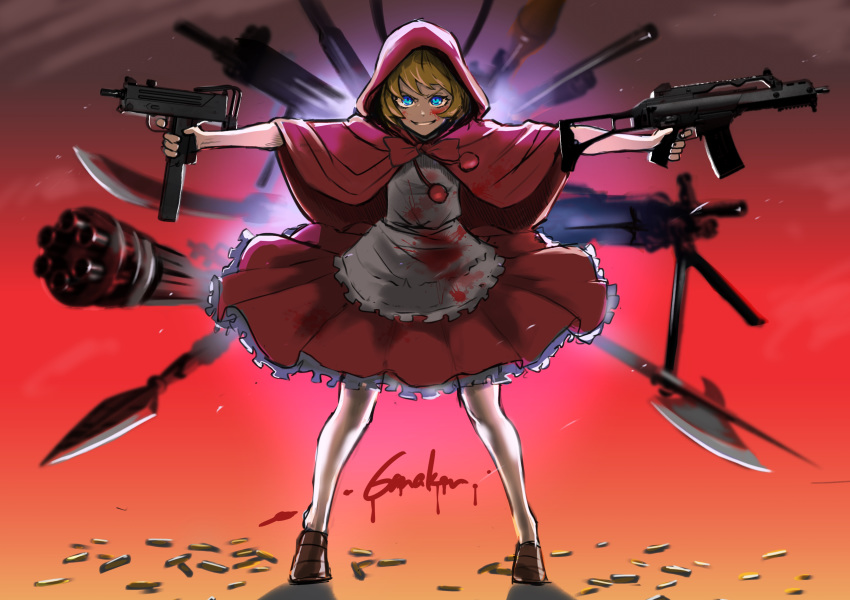 1girl 6maker absurdres apron backlighting blonde_hair blood blood_on_face bloody_apron bloody_clothes blue_eyes bulleta cape commentary_request dual_wielding evil_grin evil_smile finger_on_trigger gatling_gun grin gun halberd heavy_machine_gun highres holding holding_gun holding_weapon hood hooded_cape imi_uzi machine_gun outstretched_arms polearm rape_face red_hood rocket_launcher rpg shell_casing short_hair signature smile solo spear submachine_gun sword vampire_(game) waist_apron weapon white_legwear