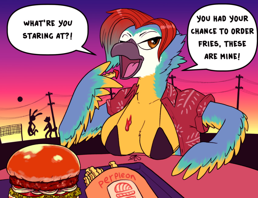 aloha_shirt anthro avian beach bikini bikini_top bird breasts burger clothing dialogue english_text fast_food female food food_on_breasts macaw neotropical_parrot non-mammal_breasts parrot pattern_clothing pattern_shirt pattern_topwear perpleon seaside shirt solo sport sunset swimwear tess_foster_(ollythefoxcoon) text topwear true_parrot volleyball