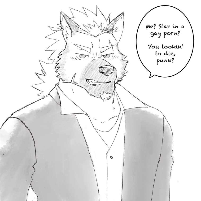 1:1 after2 anthro blazer bust_portrait canid canine canis clothing english_text facial_hair goatee hi_res male mammal portrait scar solo stated_heterosexuality stated_sexuality suit text wolf