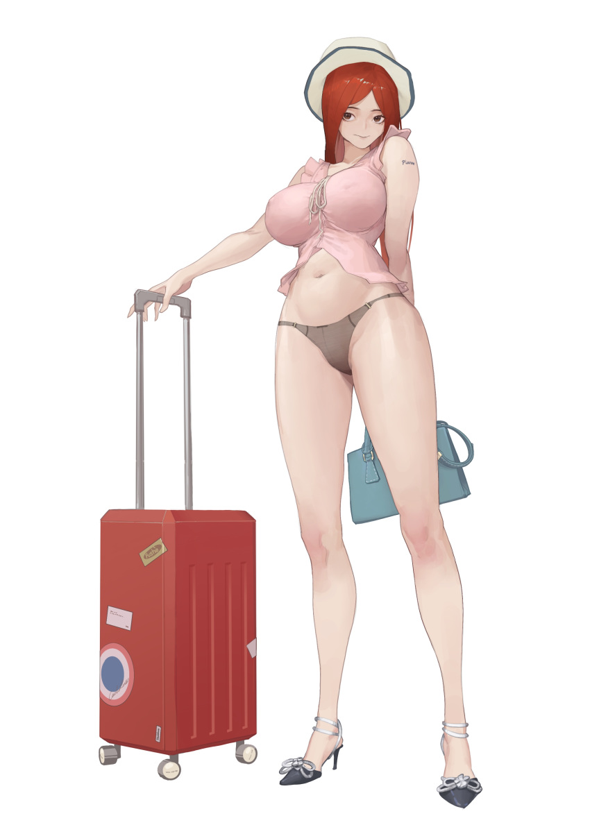 1girl absurdres artist_name bag bare_arms black_panties breasts brown_eyes crop_top full_body fushe handbag hat high_heels highres impossible_clothes impossible_shirt large_breasts long_hair looking_at_viewer luggage navel original panties pink_shirt red_hair ribbon rolling_suitcase shirt simple_background sleeveless sleeveless_shirt smile solo standing stomach strappy_heels tattoo underwear white_background white_headwear