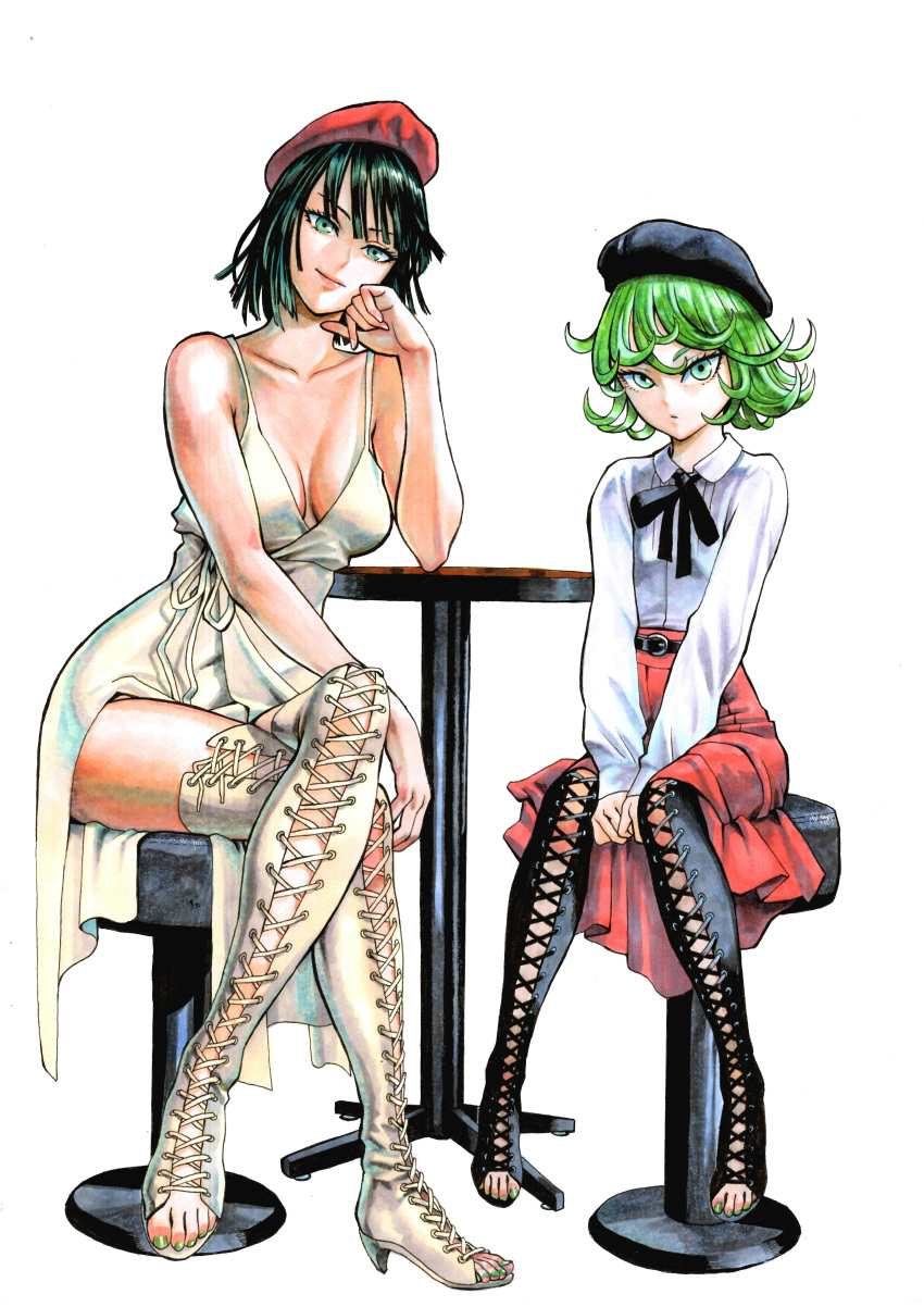 2girls absurdres beret between_legs black_footwear black_hair black_headwear boots breasts casual collarbone commentary cross-laced_footwear dress english_commentary fingernails flat_chest flipped_hair fubuki_(one-punch_man) full_body green_eyes green_hair green_nails hand_between_legs hat head_rest high-waist_skirt high_heel_boots high_heels highres jigme lace-up_boots lips long_dress long_hair marker_(medium) medium_breasts multiple_girls murata_yuusuke_(style) no_bra official_style one-punch_man pelvic_curtain plunging_neckline red_headwear red_skirt shirt siblings sisters sitting skirt sleeveless sleeveless_dress spaghetti_strap stool straight_hair sundress table tatsumaki thigh_boots thighhighs toeless_boots toenail_polish traditional_media v_arms white_background white_dress white_footwear white_shirt