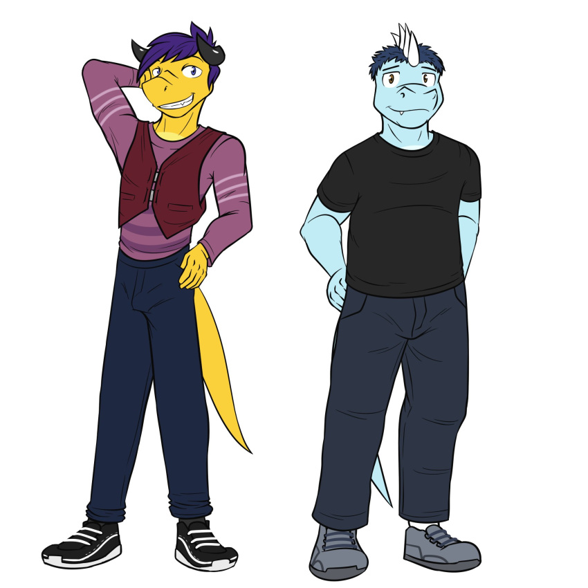 anthro bottomwear clothed clothing dragon duo footwear fully_clothed fuze hi_res horn male pants scalie shirt shoes simple_background t-shirt topwear vest white_background