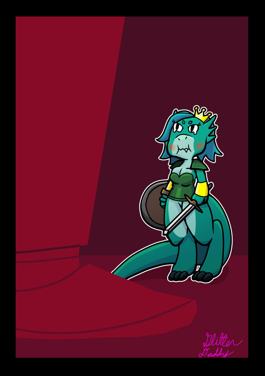 angry anthro blue_hair crown duo female green_body green_skin hair hi_res humanoid lizard melee_weapon reptile scalie shield simple_background sk8th smol sword weapon