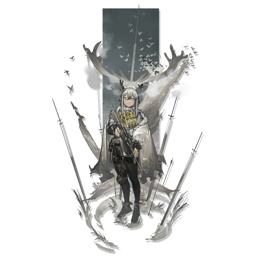1girl antlers arknights azling bangs black_footwear black_legwear cloak firewatch_(arknights) firewatch_(snow_covered)_(arknights) full_body grey_cloak grey_hair gun hair_between_eyes highres holding holding_gun holding_weapon long_hair looking_at_viewer official_alternate_costume official_art pantyhose rifle shoes sniper_rifle solo standing transparent_background weapon yellow_eyes