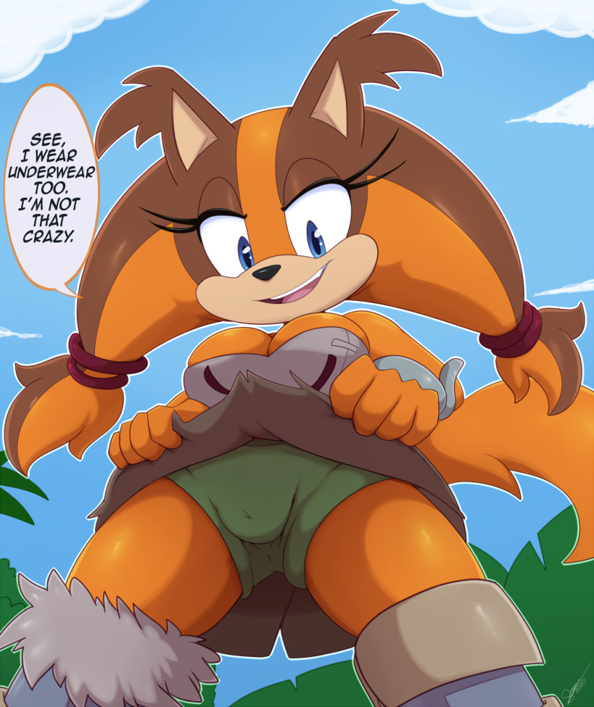 anthro badger big_breasts bigdon1992 blue_eyes bottomwear breasts clothed clothing digital_media_(artwork) female fur hi_res legwear looking_at_viewer looking_back mammal mustelid musteline open_mouth panties skirt solo sonic_boom sonic_the_hedgehog_(series) sticks_the_jungle_badger text underwear upskirt