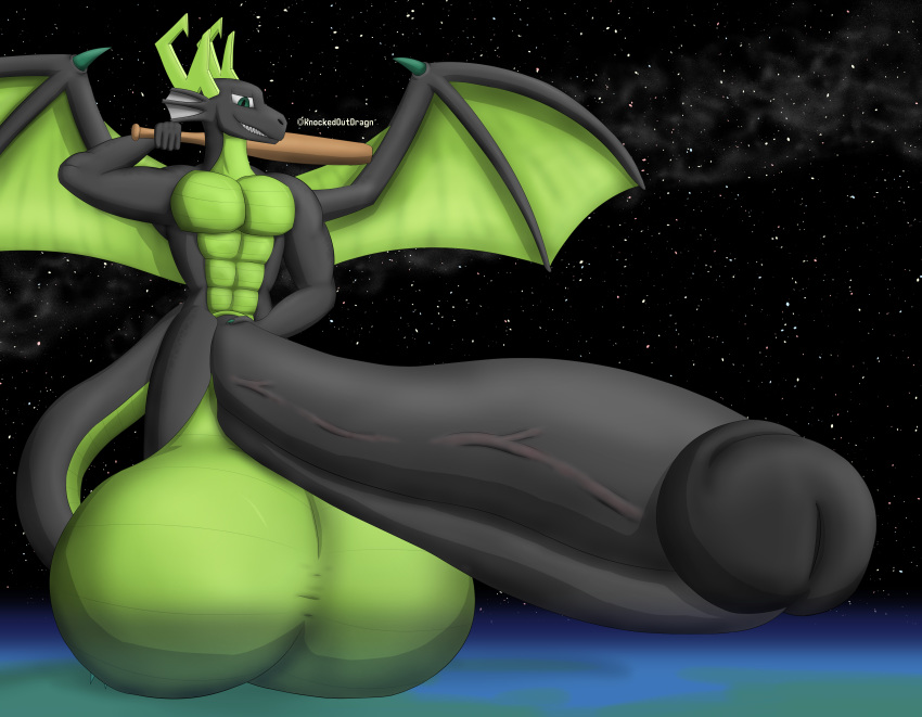 7:9 abs absurd_res anthro balls baseball_bat bat_(object) big_balls big_penis black_body black_penis claws digital_media_(artwork) digitigrade dragon genitals green_balls green_body green_claws green_eyes green_scales green_wings hi_res horn huge_balls huge_penis hyper hyper_balls hyper_genitalia hyper_penis kayo_(knockedoutdragon) knockedoutdragon macro male muscular muscular_anthro muscular_male nude pecs penis scales scalie smile smirk solo space standing vein western_dragon wings