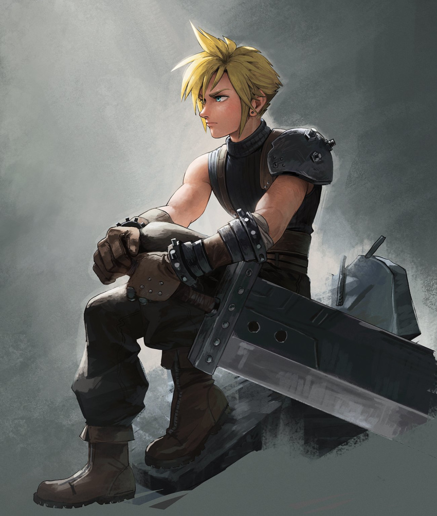 1boy black_pants black_sweater blonde_hair boots brown_footwear brown_gloves buster_sword cloud_strife combat_boots commentary earrings english_commentary final_fantasy final_fantasy_vii final_fantasy_vii_remake full_body gloves green_eyes hand_on_hilt highres huge_weapon jewelry male_focus malin_falch pants planted_weapon ribbed_sweater rubble short_hair sidelighting single_pauldron sleeveless sleeveless_sweater sleeveless_turtleneck solo spiked_hair stud_earrings sweater turtleneck weapon