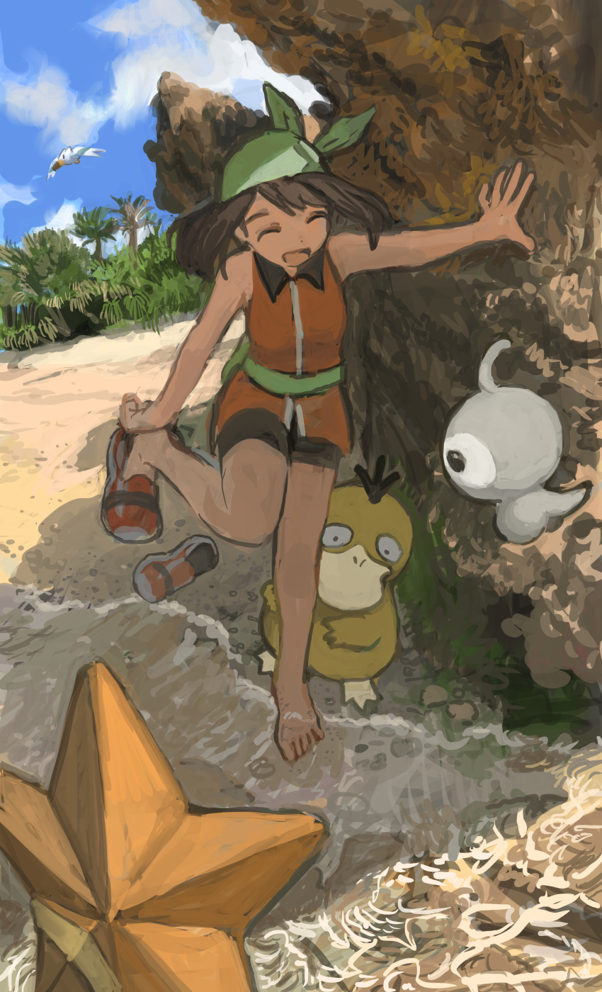 1girl absurdres arm_support barefoot beach brown_hair castform castform_(normal) closed_eyes cloud commentary day gen_1_pokemon gen_3_pokemon green_bandana highres huge_filesize leg_up may_(pokemon) minahamu open_mouth outdoors pokemon pokemon_(creature) pokemon_(game) pokemon_emerald pokemon_rse psyduck removing_shoes sand shore sky smile standing standing_on_one_leg staryu toes tree water wingull