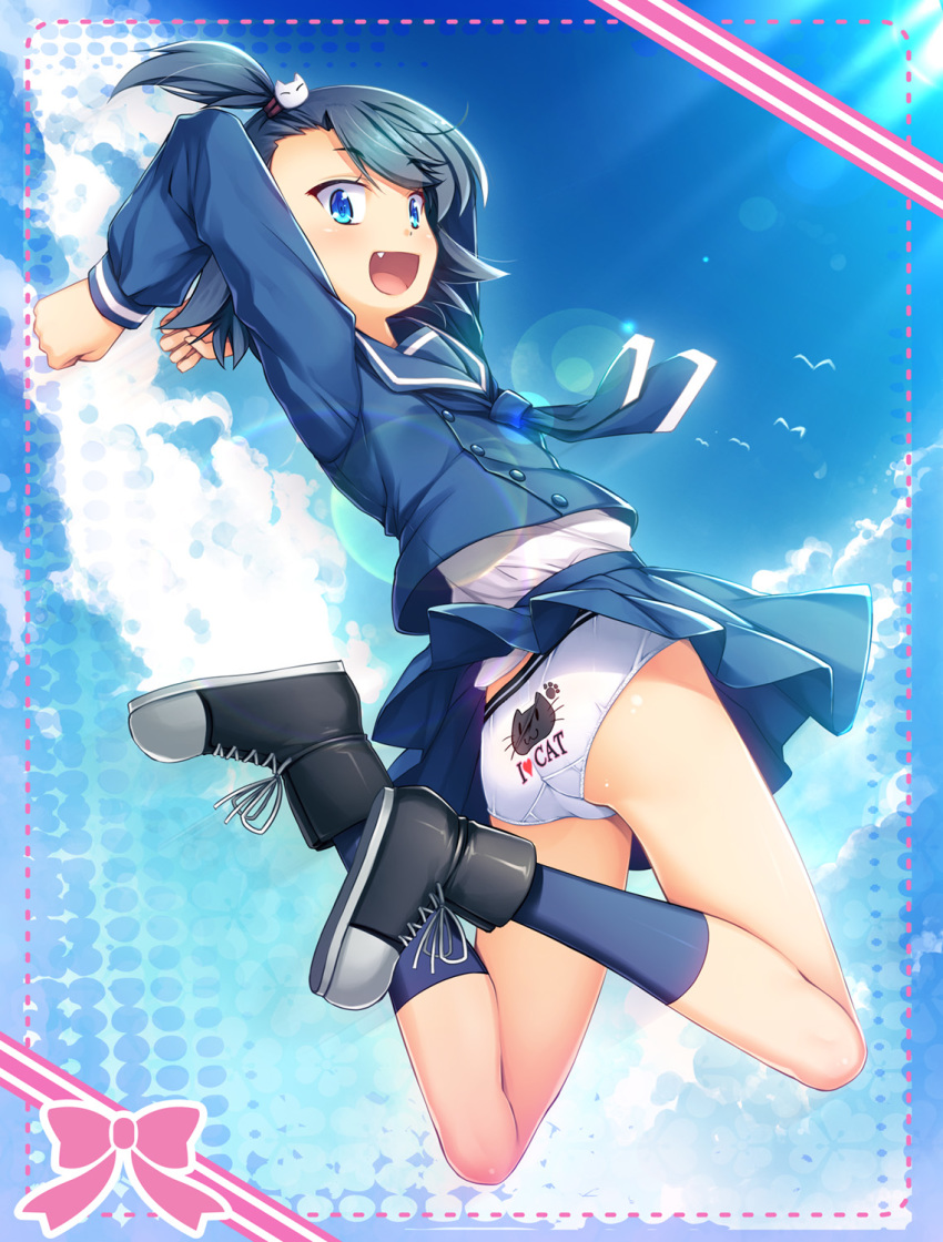 1girl :d animal_print arms_up black_footwear black_hair black_legwear blue_eyes blue_skirt blue_sky boots border cat_hair_ornament cat_panties cat_print chima_q clothes_writing cloud commentary_request fang from_behind full_body hair_ornament highres hodaka_natsumi houkago_teibou_nisshi jumping long_sleeves looking_at_viewer looking_back open_mouth panties print_panties school_uniform serafuku skirt sky smile socks solo underwear white_panties