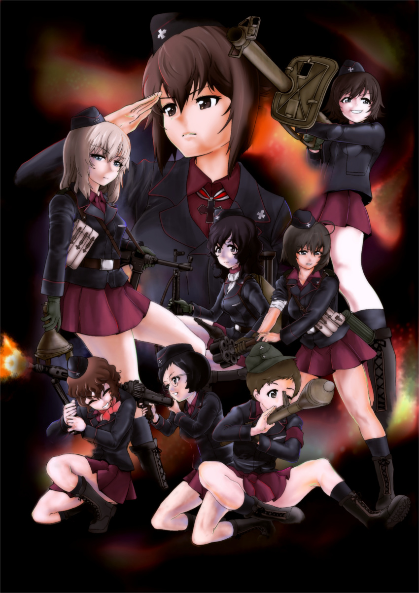 6+girls :d absurdres ahoge akaboshi_koume ankle_boots anti-tank_grenade assault_rifle bandaged_arm bandages bandaid bandaid_on_knee bangs bauer_(girls_und_panzer) black_eyes black_footwear black_hair black_headwear black_jacket black_legwear blush boots brown_eyes brown_hair bundled_charge closed_eyes closed_mouth colorized commentary cross-laced_footwear dress_shirt explosive extra eyebrows_visible_through_hair frown garrison_cap girls_und_panzer glasses gloves grenade greyscale grimace grin gun hair_between_eyes half-closed_eyes hat highres insignia iron_cross itsumi_erika jacket kneehighs kneeling kojima_emi kuromorimine_military_uniform lace-up_boots light_frown long_sleeves looking_at_viewer looking_to_the_side machine_gun mauko_(girls_und_panzer) medium_hair mg42 military military_hat miniskirt monochrome mp40 multiple_girls nishizumi_maho one_eye_closed one_knee open_mouth panzerfaust panzerschreck pleated_skirt red_shirt red_skirt rifle rocket rocket_launcher salute sangou_(girls_und_panzer) shirt short_hair silver_hair sketch skirt sling smile socks standing stg44 stielhandgranate submachine_gun swept_bangs uniform v-shaped_eyebrows very_short_hair wavy_hair weapon wing_collar yoyokkun