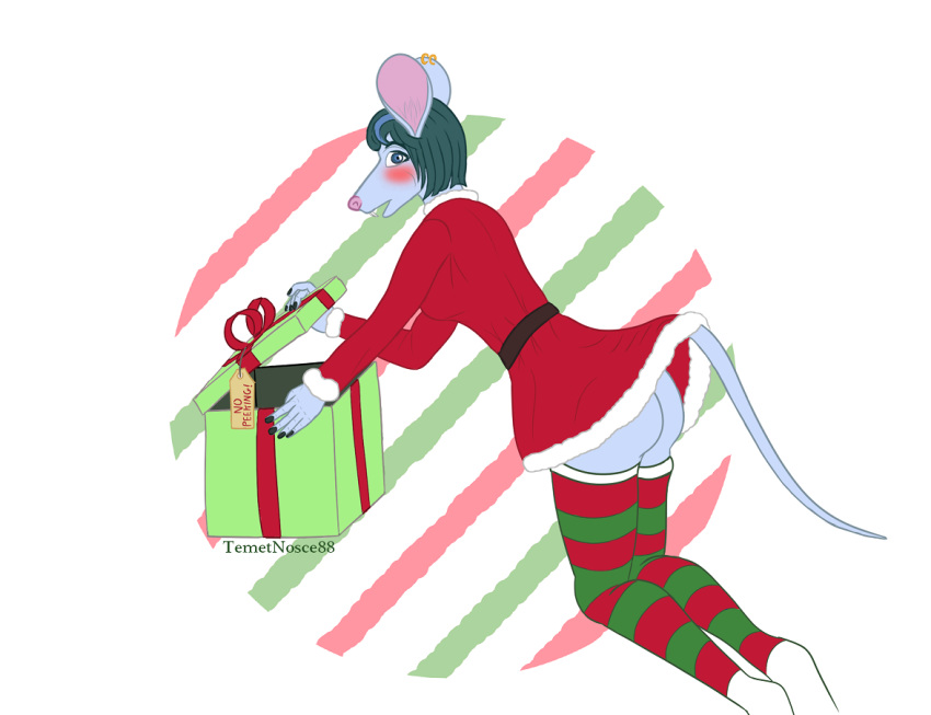 anthro blue_body blue_eyes blush bottomless butt caught christmas christmas_clothing christmas_present clothed clothing costume ear_piercing embarrassed female gift hair holidays legwear mammal mouse murid murine pattern_clothing pattern_legwear piercing raised_tail rodent santa_costume solo stockings striped_clothing striped_legwear stripes teal_hair temetnosce88