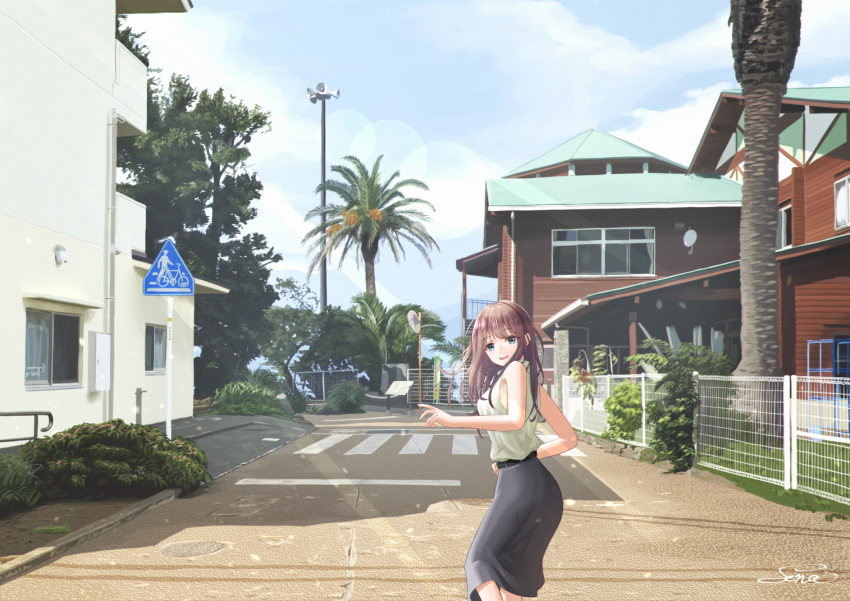 1girl alarm_siren arms_up bare_arms belt black_skirt blue_eyes blue_sky breasts brown_hair cloud commentary_request crosswalk day fence house lens_flare long_hair looking_at_viewer looking_back manhole_cover medium_breasts open_mouth original outdoors palm_tree photo_background road_sign scenery sena_(illust_sena) shirt sign skirt sky sleeveless sleeveless_shirt solo summer topiary traffic_mirror tree upper_teeth very_long_hair white_shirt