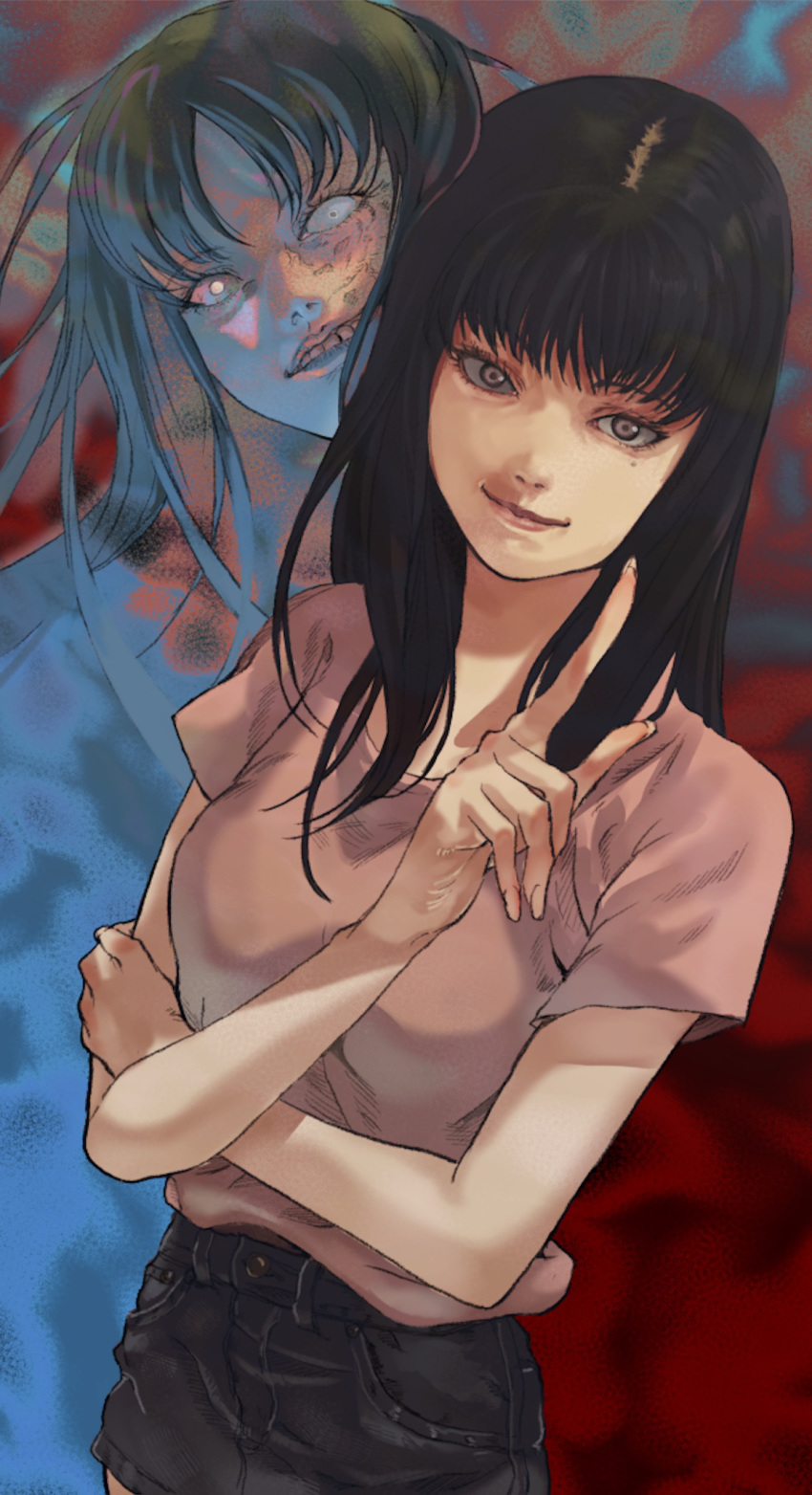 1girl black_hair blue_eyes brown_eyes closed_fan closed_mouth dark_persona fan fingernails folding_fan gauss_&lt;bokashi heterochromia highres kawakami_tomie long_fingers long_hair mole mole_under_eye parted_lips smile solo teeth tomie yellow_eyes