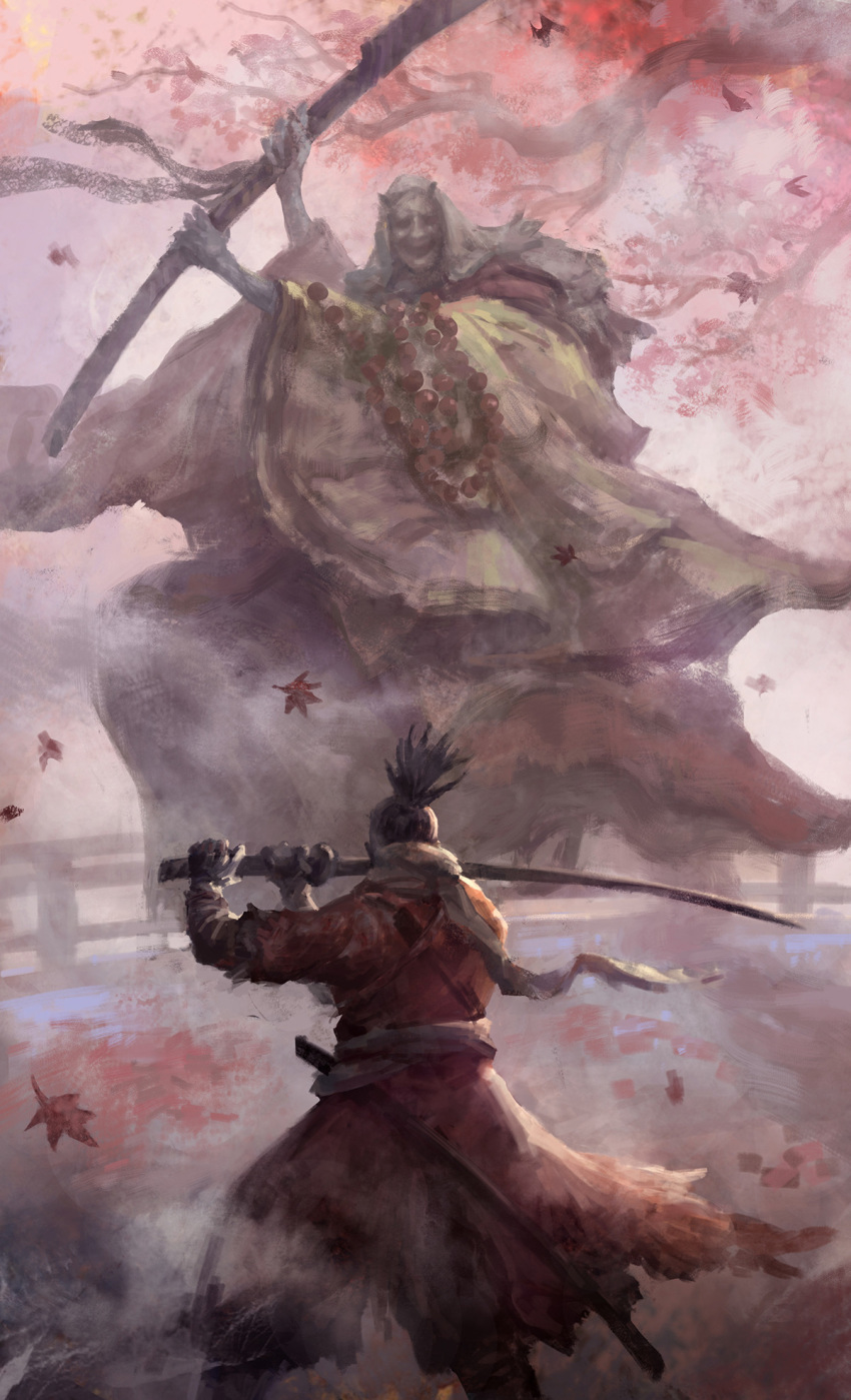 1boy 1girl battle beads black_hair corrupted_monk duel facing_another falling_leaves feet_out_of_frame fighting_stance from_behind hand_wraps haori highres holding holding_polearm holding_sword holding_weapon japanese_clothes katana kimono leaf maple_leaf mask ninja oni_mask outdoors polearm ponytail prayer_beads scabbard scarf sekiro sekiro:_shadows_die_twice sheath short_hair short_ponytail size_difference standing sword weapon white_scarf wide_sleeves zhuoxin_ye