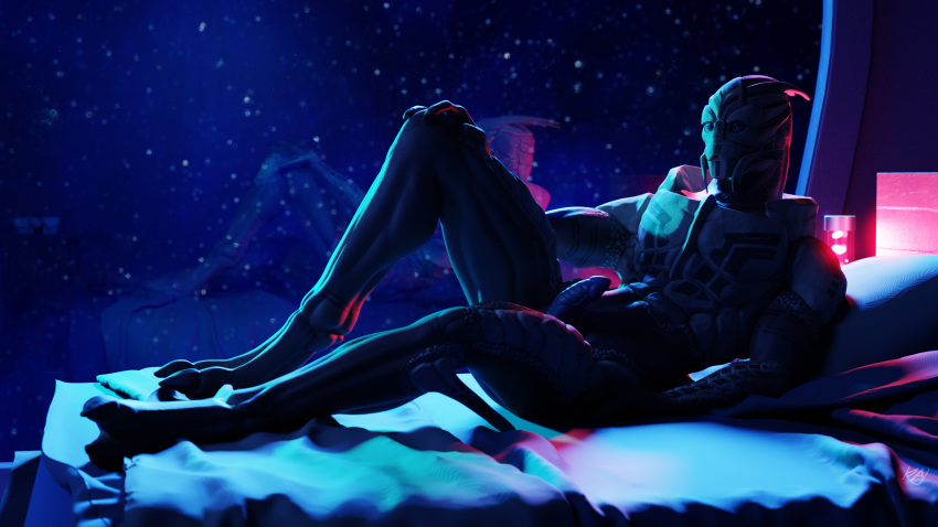 16:9 3d_(artwork) alien anthro bed blue_eyes blue_penis digital_media_(artwork) erection furniture genitals hand_on_knee hand_on_leg hi_res kagekave lava_lamp lying male mass_effect muscular muscular_anthro muscular_male nude on_bed penis reclining reflection solo space turian video_games widescreen window