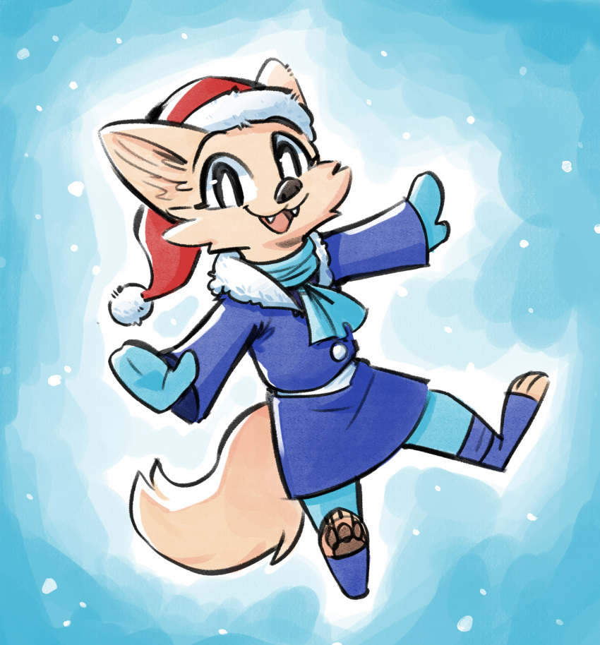 2020 3_toes ambiguous_gender anthro arctic_fox blue_background canid canine cheek_tuft christmas christmas_clothing christmas_headwear clothed clothing coat cute_fangs disney facial_tuft fox fuel_(artist) fur handwear hat headgear headwear hi_res holidays inner_ear_fluff looking_at_viewer mammal mittens open_mouth open_smile pawpads santa_hat scarf simple_background skye_(zootopia) smile snow snowing solo toeless_shoes toes topwear tuft white_body white_fur zootopia