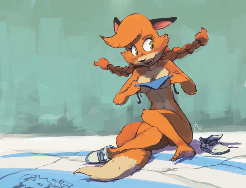 2019 anthro breasts canid canine clothing edtropolis female footwear fox fur hi_res holding_object mammal open_mouth open_smile orange_body orange_fur panties patty_foxy shoes signature simple_background sitting smile solo underwear
