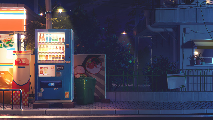 absurdres building commentary_request highres lamppost night no_humans original outdoors plant potted_plant scenery sign trash_can tree vending_machine zhuang_yao