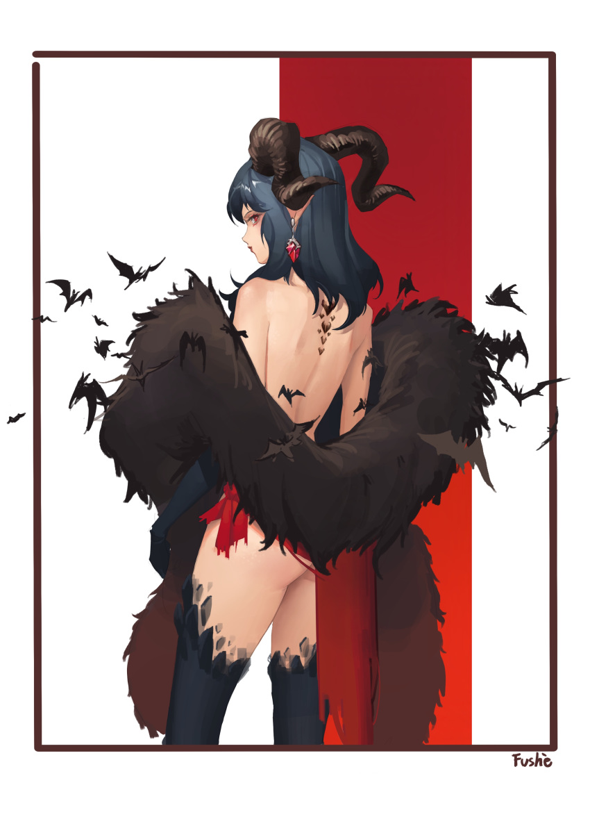 1girl absurdres animal bare_shoulders bat black_gloves black_legwear blue_hair border closed_mouth demon_girl demon_horns earrings elbow_gloves eyeshadow fushe gloves highres horns jewelry lipstick long_hair looking_back makeup monster_hunter monster_hunter:_world pointy_ears red_eyes red_eyeshadow red_lipstick signature single_earring succubus