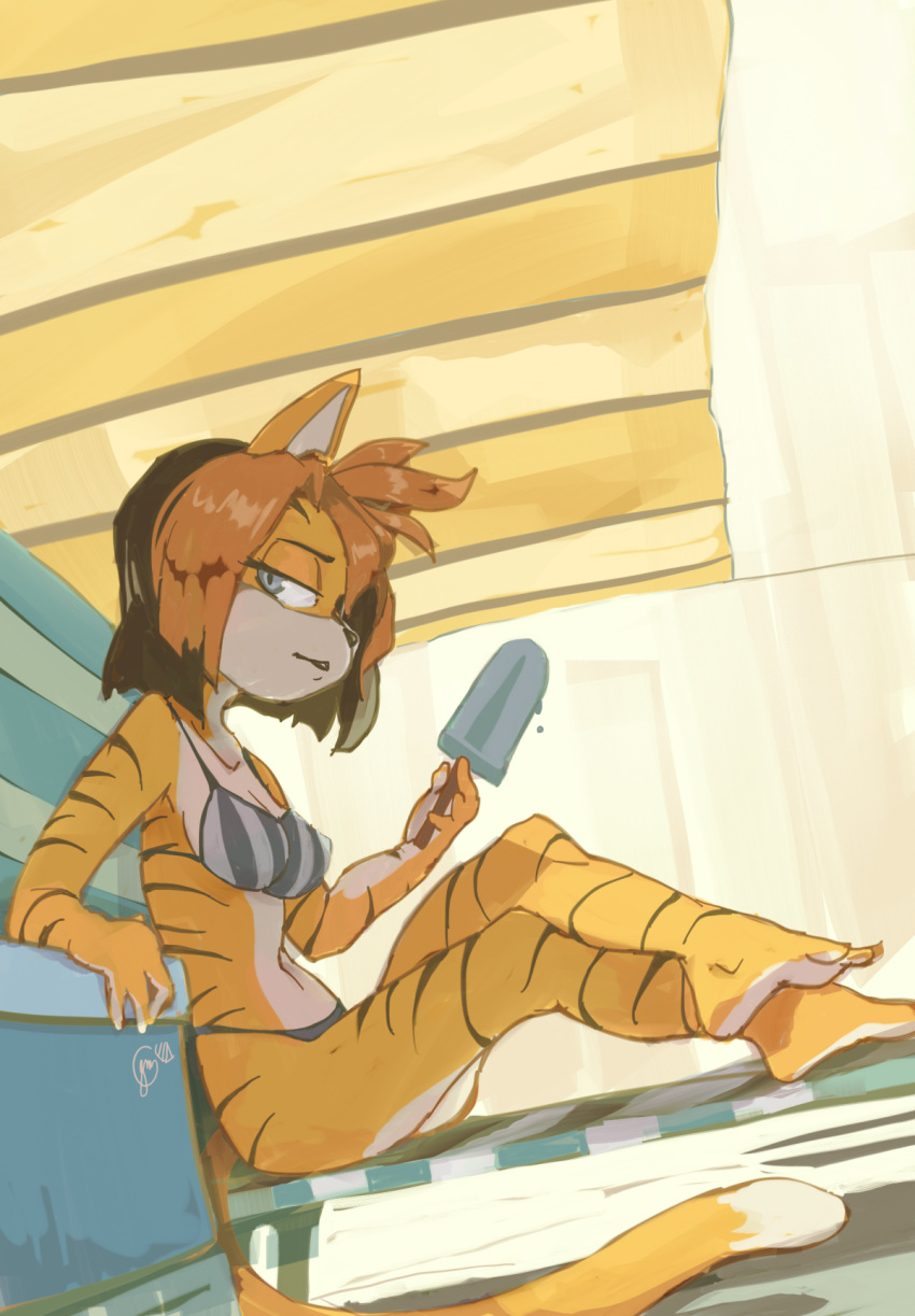 2020 anthro bikini clothing edtropolis felid female food fur hair hi_res holding_food holding_object holding_popsicle light lighting looking_at_viewer mammal midriff navel pantherine popsicle signature sitting solo striped_body striped_fur stripes swimwear tiger