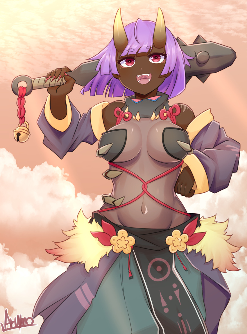 1girl :3 armor artist_name bangs bare_shoulders bell bikini_armor blunt_bangs bob_cut breasts cloud club colored_skin commentary dark_skin dark_skinned_female day english_commentary eyebrows_visible_through_hair eyeshadow fingernails fur-trimmed_skirt fur_trim green_skirt groin hand_on_hip hand_up happy highres holding holding_weapon horns jingle_bell large_breasts light_rays makeup multicolored multicolored_skin nail_polish navel oni oni_horns open_mouth orange_background orange_sky original outdoors purple_hair red_eyes red_nails revealing_clothes ryuusui_arumo sharp_fingernails shiny shiny_hair shiny_skin short_hair sidelocks signature skirt sky smile solo spikes standing stomach sunlight teeth two-tone_skin weapon
