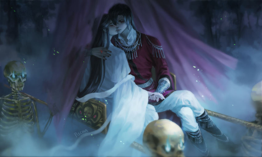 2boys absurdres artist_name black_nails chinese_clothes closed_eyes dreamingpool earrings eyepatch hair_over_one_eye highres holding_hands hua_cheng imminent_kiss jewelry long_hair multiple_boys red_eyes robe sitting skeleton string string_of_fate tian_guan_ci_fu xie_lian yaoi