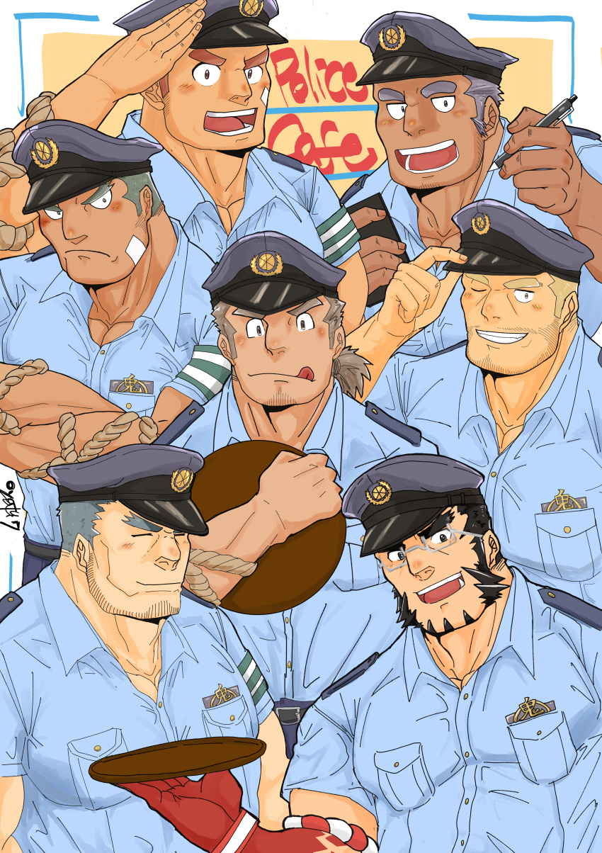 6+boys :q absurdres aqua_shirt bara beard black_hair blonde_hair cafe character_request collared_shirt facial_hair forked_eyebrows grey_hair hachimaki hat headband highres huge_filesize looking_at_viewer male_focus male_harem multiple_boys muscle nejiri_hachimaki old old_man one_eye_closed open_mouth orange_hair oyatu55k pectorals police police_hat police_uniform shirt short_hair sideburns stubble tajikarao_(tokyo_houkago_summoners) tenjin_(tokyo_houkago_simmoners) thick_eyebrows tied_hair tokyo_houkago_summoners tongue tongue_out uniform upper_body