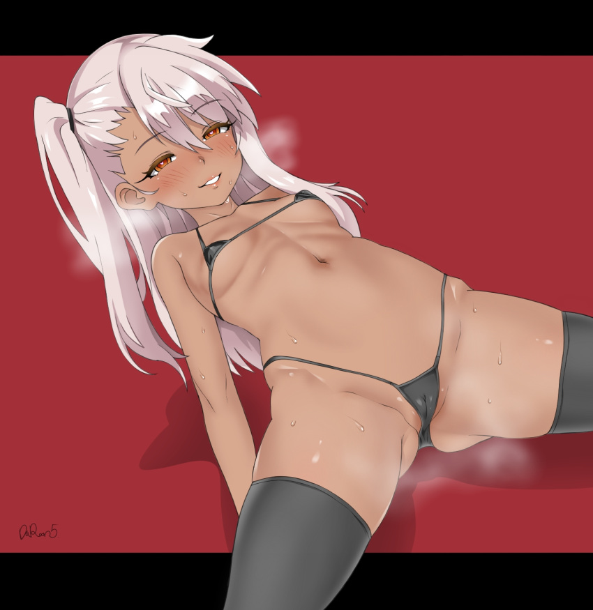 1girl armpits arms_behind_head arms_up ass_visible_through_thighs bangs bare_shoulders bikini black_bikini black_legwear blush breasts chloe_von_einzbern collarbone commentary_request crotch dark_skin dark_skinned_female daroon5 fate/kaleid_liner_prisma_illya fate_(series) hair_bun highleg highleg_bikini highres leaning_back letterboxed long_hair looking_at_viewer lying micro_bikini navel on_back one_side_up orange_eyes parted_lips pink_hair red_background sidelocks sitting small_breasts smile sweat swimsuit thigh_strap thighhighs thighs