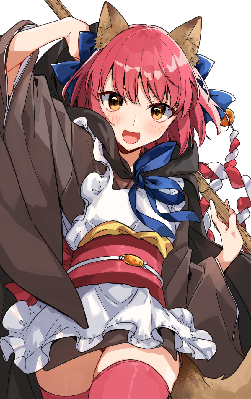 0wsaa0 1girl :d absurdres animal_ears apron bamboo_broom bangs blue_bow blush bow broom brown_kimono cowboy_shot eyebrows_visible_through_hair fox_ears fox_tail frilled_apron frills hair_bow highres japanese_clothes kimono kohaku_(tsukihime) long_sleeves looking_at_viewer magical_amber melty_blood obi obiage obidome obijime open_mouth orange_eyes pink_legwear red_hair sash short_hair short_kimono simple_background skindentation smile solo tail thighhighs tsukihime wasa_(pixiv29582664) white_background wide_sleeves zettai_ryouiki