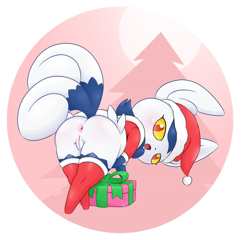 anus butt christmas christmas_clothing clothed clothing female feral fullfolka genitals hi_res holidays meowstic nintendo pok&eacute;mon pok&eacute;mon_(species) pussy semi-anthro solo video_games