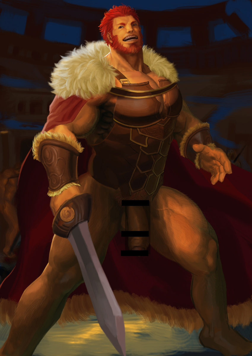 1boy absurdres armor bar_censor bara beard bottomless bracer breastplate cape censored cleavage_cutout clothing_cutout colosseum dark_skin dark_skinned_male erection facial_hair fate/grand_order fate/zero fate_(series) feet_out_of_frame foreskin fur-trimmed_cape fur_trim highres holding holding_sword holding_weapon iskandar_(fate) large_penis leather male_focus muscle pectorals penis red_cape red_eyes red_hair short_hair solo sword thick_thighs thighs treesiming veins weapon