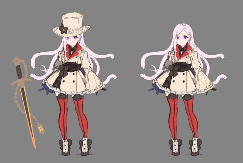 1girl arms_at_sides black_gloves bow closed_mouth coat double-breasted enkyo_yuuichirou flower full_body gloves gorgon grey_background hat hat_flower highres long_hair long_sleeves looking_at_viewer multiple_views neck_ribbon original pink_hair purple_eyes ribbon sash shoes simple_background sleeves_past_wrists snake snake_hair standing sword thighhighs top_hat weapon yellow_coat yellow_headwear