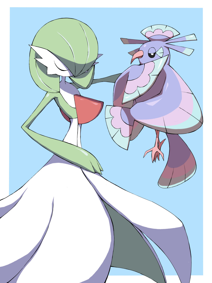 absurdres bird blue_background closed_eyes closed_mouth commentary_request creature gardevoir gen_3_pokemon gen_7_pokemon highres jahana_mei oricorio oricorio_(sensu) outstretched_arm pokemon pokemon_(creature) shiny