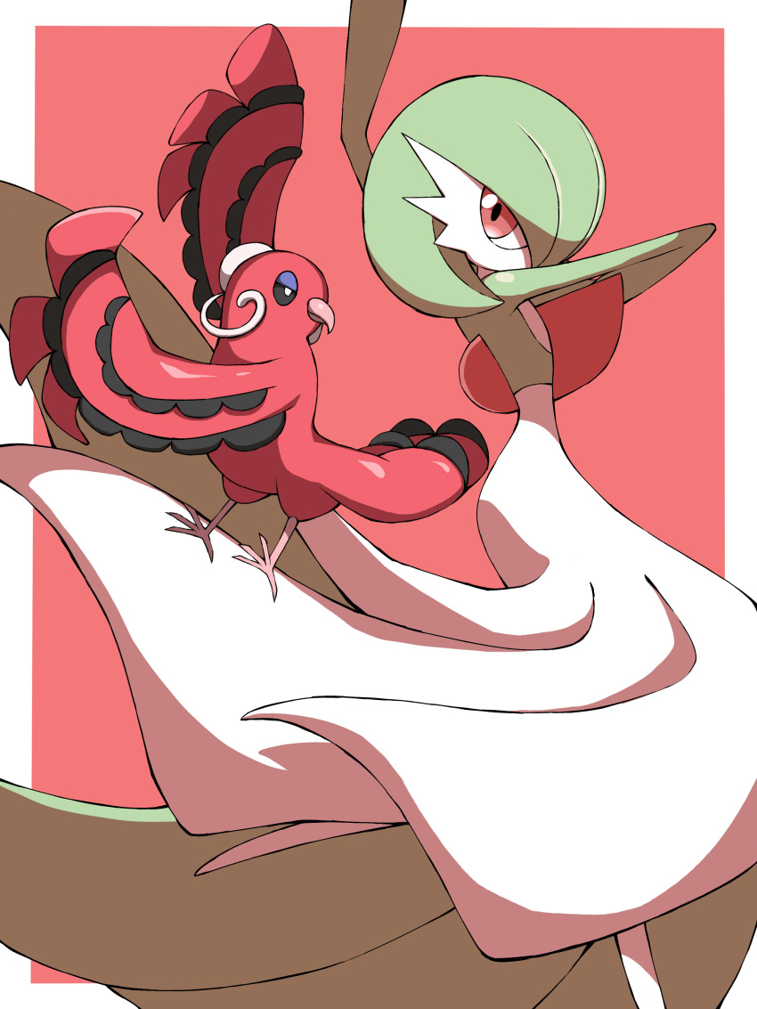 absurdres arm_up bird commentary_request creature gardevoir gen_3_pokemon gen_7_pokemon hand_up highres jahana_mei looking_at_viewer no_humans oricorio oricorio_(baile) pokemon pokemon_(creature) red_eyes shiny