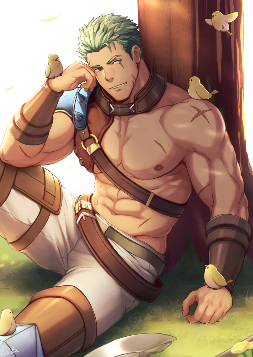 1boy abs absurdres animal_on_shoulder asymmetrical_clothes bara bare_pecs bird bird_on_hand bird_on_shoulder bracer chest_harness chick dieck_(fire_emblem) fire_emblem fire_emblem:_the_blazing_blade fire_emblem_heroes grass green_eyes green_hair harness highres huge_filesize knee_up male_focus muscle navel nipples pants pectorals scar scar_across_eye scar_on_arm scar_on_chest short_hair sitting solo stomach thick_thighs thighs tight tight_pants white_pants zifuuuun