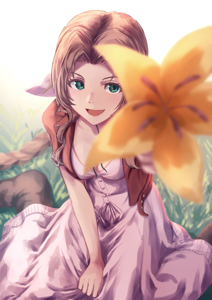 1girl aerith_gainsborough braid brown_footwear brown_hair cropped_jacket dress final_fantasy final_fantasy_vii final_fantasy_vii_remake flower grass green_eyes hair_ribbon highres holding holding_flower jacket kneeling long_dress long_hair looking_at_viewer open_mouth painapo pink_dress red_jacket ribbon smile