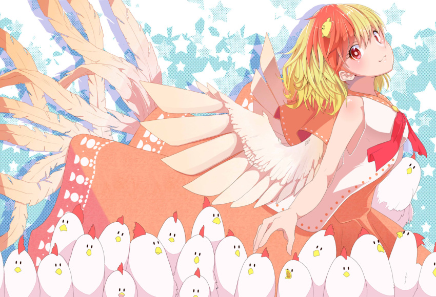 1girl animal_on_head bangs bare_arms bird bird_on_head bird_tail bird_wings blonde_hair blue_background bright_pupils chick chicken commentary dress drop_shadow hair_between_eyes head_tilt highres hybrid_(1212apro) layered_dress looking_at_viewer looking_back multicolored_hair neck_ribbon niwatari_kutaka on_head red_eyes red_hair red_neckwear ribbon short_hair sleeveless sleeveless_dress smile solo star_(symbol) starry_background touhou two-tone_hair wings