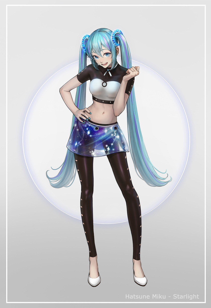 1girl bangs black_legwear blue_eyes blue_hair blue_nails blue_skirt character_name crop_top full_body grey_background hair_between_eyes hand_on_hip hatsune_miku highres kazuko_(towa) long_hair looking_at_viewer midriff miniskirt nail_polish navel open_mouth pants pants_under_skirt pumps see-through short_sleeves skirt solo standing stomach twintails very_long_hair vocaloid white_footwear