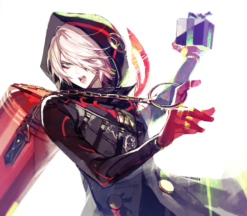 1boy backlighting black_coat coat colored_skin eyeshadow fate/grand_order fate_(series) gift gloves green_eyes hair_over_one_eye highres holding holding_gift hood hood_up karna_(fate) karna_(santa)_(fate) koshika_rina looking_at_viewer makeup male_focus open_mouth red_gloves short_hair solo tsurime upper_body white_background white_hair white_skin