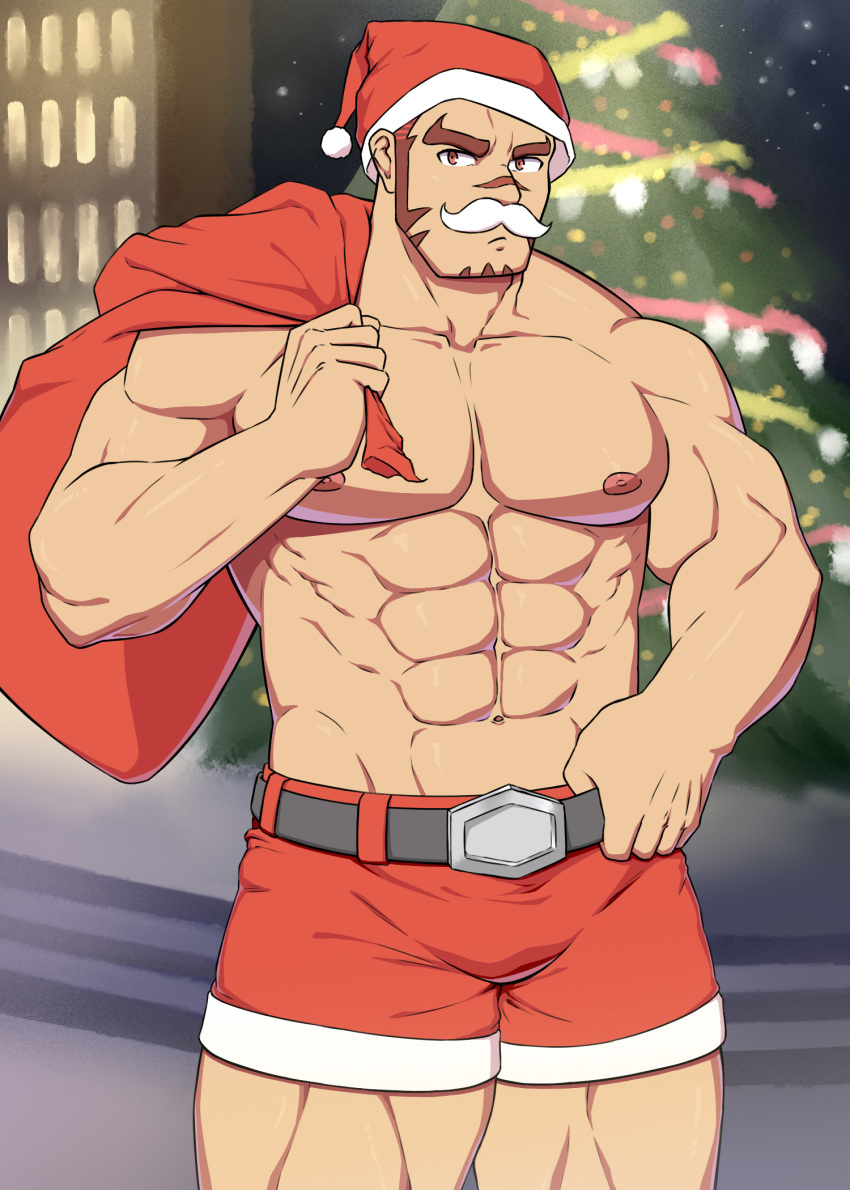 1boy abs akashi_(live_a_hero) alternate_costume bara belt black_belt bulge christmas_tree cowboy_shot facial_hair fake_facial_hair fake_mustache feiya6022 fur-trimmed_shorts fur_trim gift_bag goatee hat highres live_a_hero looking_at_viewer male_focus muscle navel nipples pectorals red_eyes red_hair red_shorts santa_costume santa_hat scar scar_on_face scar_on_nose shirtless short_hair shorts sideburns solo thick_eyebrows thick_thighs thighs