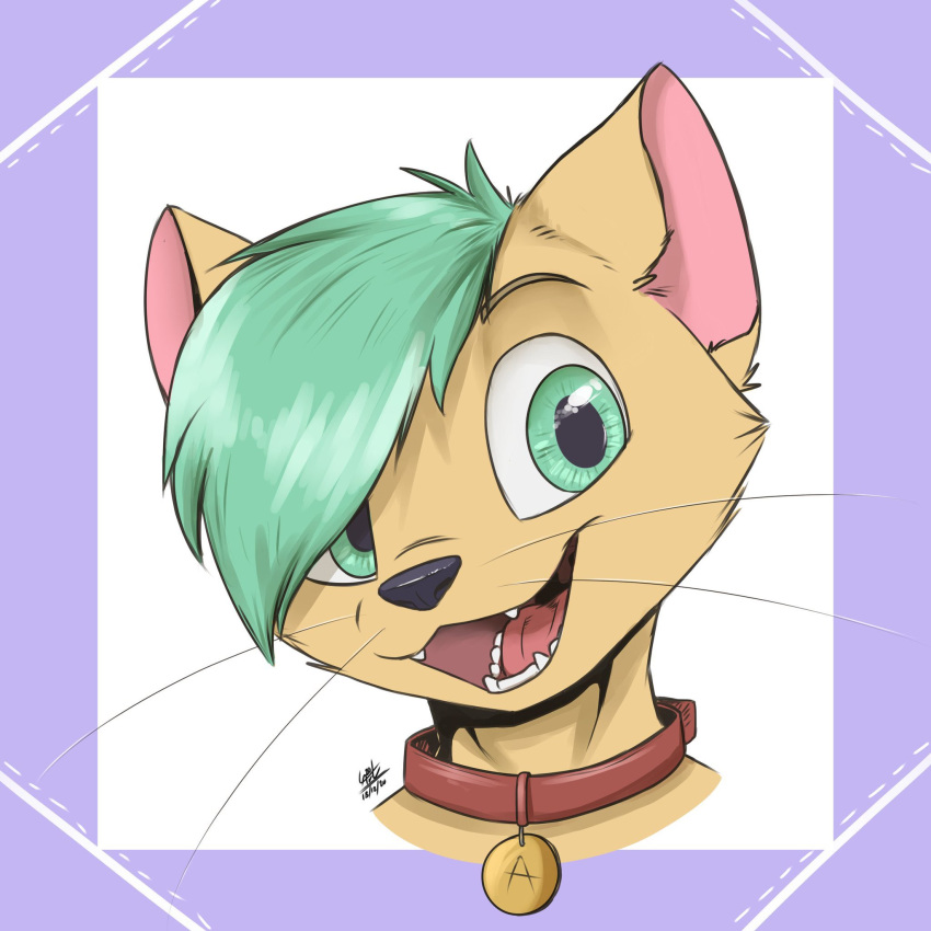 1:1 2020 ambiguous_gender anthro black_nose border collar domestic_cat fangs felid feline felis fur green_eyes green_hair hair hi_res louart mammal open_mouth open_smile purple_border signature simple_background smile solo tan_body tan_fur teeth tongue whiskers white_background