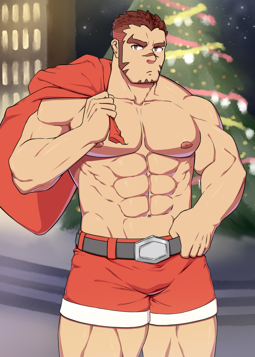 1boy abs akashi_(live_a_hero) alternate_costume bara belt black_belt bulge christmas_tree cowboy_shot facial_hair fake_facial_hair fake_mustache feiya6022 fur-trimmed_shorts fur_trim gift_bag goatee highres live_a_hero looking_at_viewer male_focus muscle navel nipples pectorals red_eyes red_hair red_shorts santa_costume scar scar_on_face scar_on_nose shirtless short_hair shorts sideburns solo thick_eyebrows thick_thighs thighs undercut