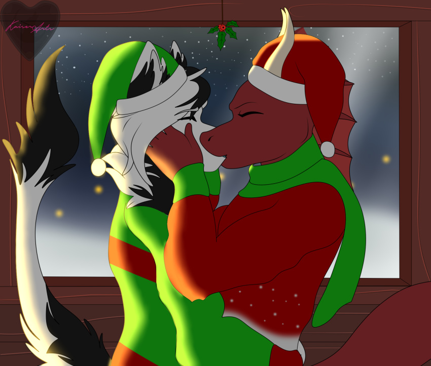 accidental_holly ambiguous_gender angel_dragon anthro christmas clothed clothing dragon duo dutch_angel_dragon fur hi_res holidays holly_(disambiguation) horn kasier kissing kobold lad_(samwellgumgi) plant sam_(samwellgumgi) scalie simple_background sweater topwear white_body white_fur