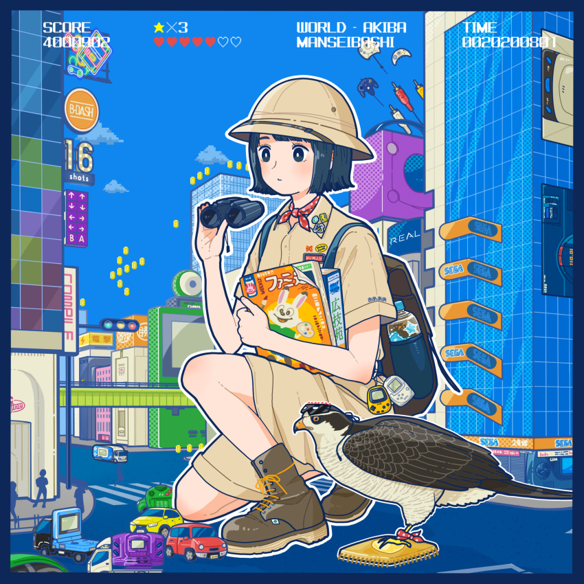 1girl backpack bag binoculars bird black_hair bottle brown_footwear car collared_shirt giant giantess ground_vehicle hawk highres holding motor_vehicle original outline shirt shoes short_hair short_sleeves shorts solo squatting tan_shirt traffic_light white_outline yoshimon