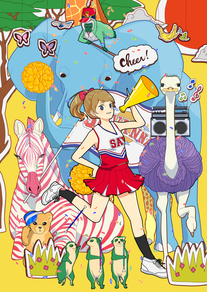 1girl animal bird boombox bow brown_hair bug butterfly cheerleader cloud confetti elephant flag giraffe hair_bow highres insect leg_up long_hair meerkat monkey original ostrich pink_butterfly pleated_skirt pom_poms ponytail print_shirt purple_butterfly red_bow red_skirt shirt shoes skirt sleeveless sleeveless_shirt solo speech_bubble tree white_footwear yoshimon zebra