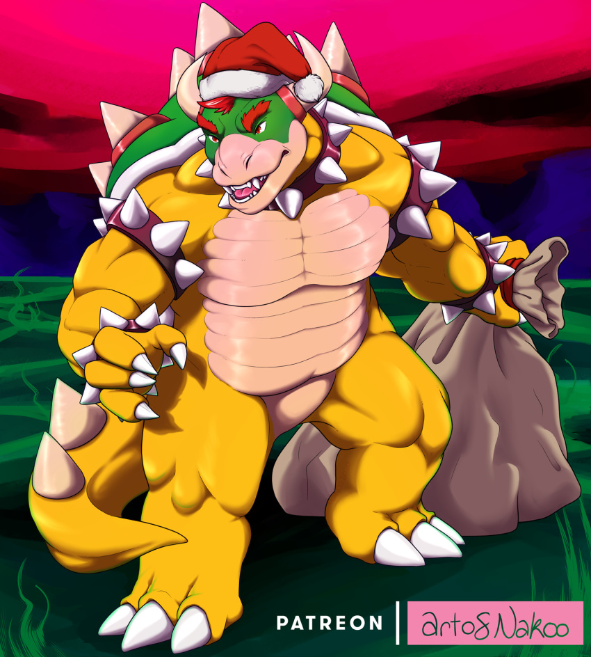 2020 anthro bowser christmas christmas_clothing christmas_headwear chubby_male claws clothing conditional_dnp costume hair hat headgear headwear hi_res holidays horn koopa male mario_bros muscular muscular_anthro muscular_male nakoo nintendo red_hair santa_claus santa_hat scalie solo spikes video_games yellow_body