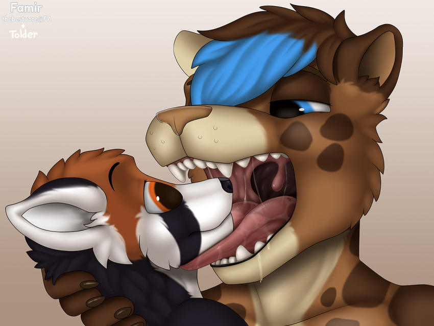 4:3 ailurid anthro colaboration comic domestic_cat duo famir_(thebestvore) felid feline felis licking male male/male mammal mawplay mouth_shot open_mouth oral_vore paws red_panda soft_vore thebestvore tolder tongue tongue_out vore