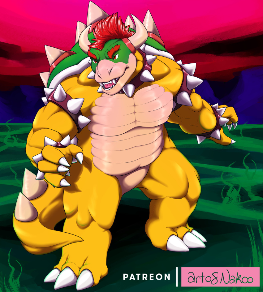 2020 anthro bowser chubby_male claws conditional_dnp hair hi_res horn koopa male mario_bros muscular muscular_anthro muscular_male nakoo nintendo red_hair scalie solo spikes video_games yellow_body