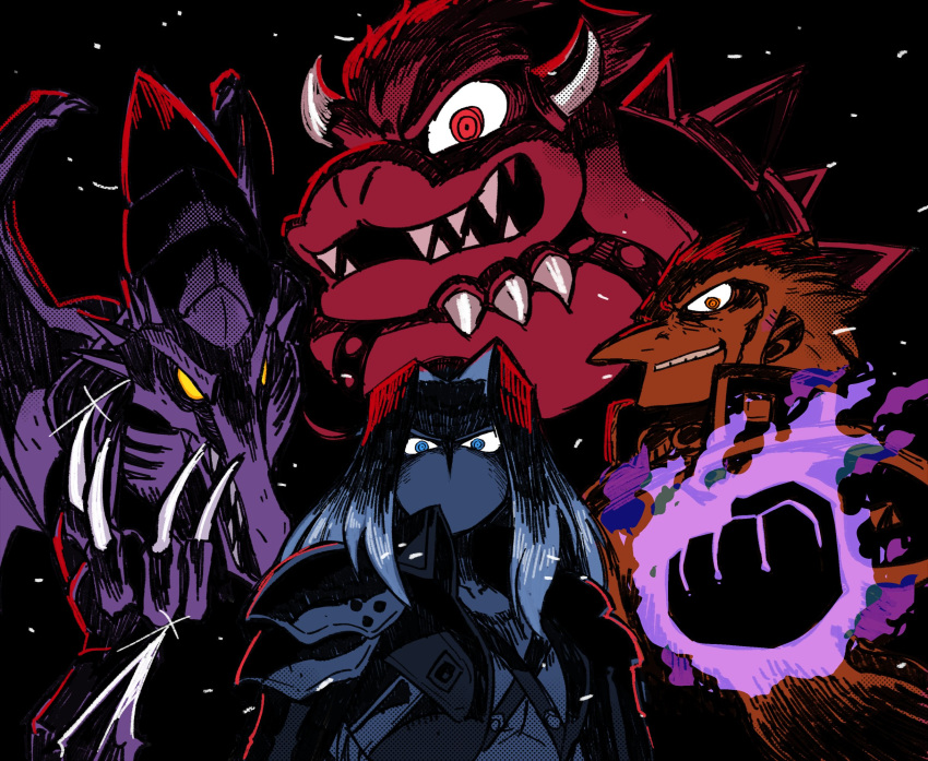 bowser claws crossed_arms evil_smile fangs final_fantasy final_fantasy_vii ganondorf glaring glowing_fist highres horns mario_(series) metroid rariatto_(ganguri) ridley sephiroth shaded_face smile spiked_shell super_mario_bros. super_smash_bros. the_legend_of_zelda the_legend_of_zelda:_ocarina_of_time wings