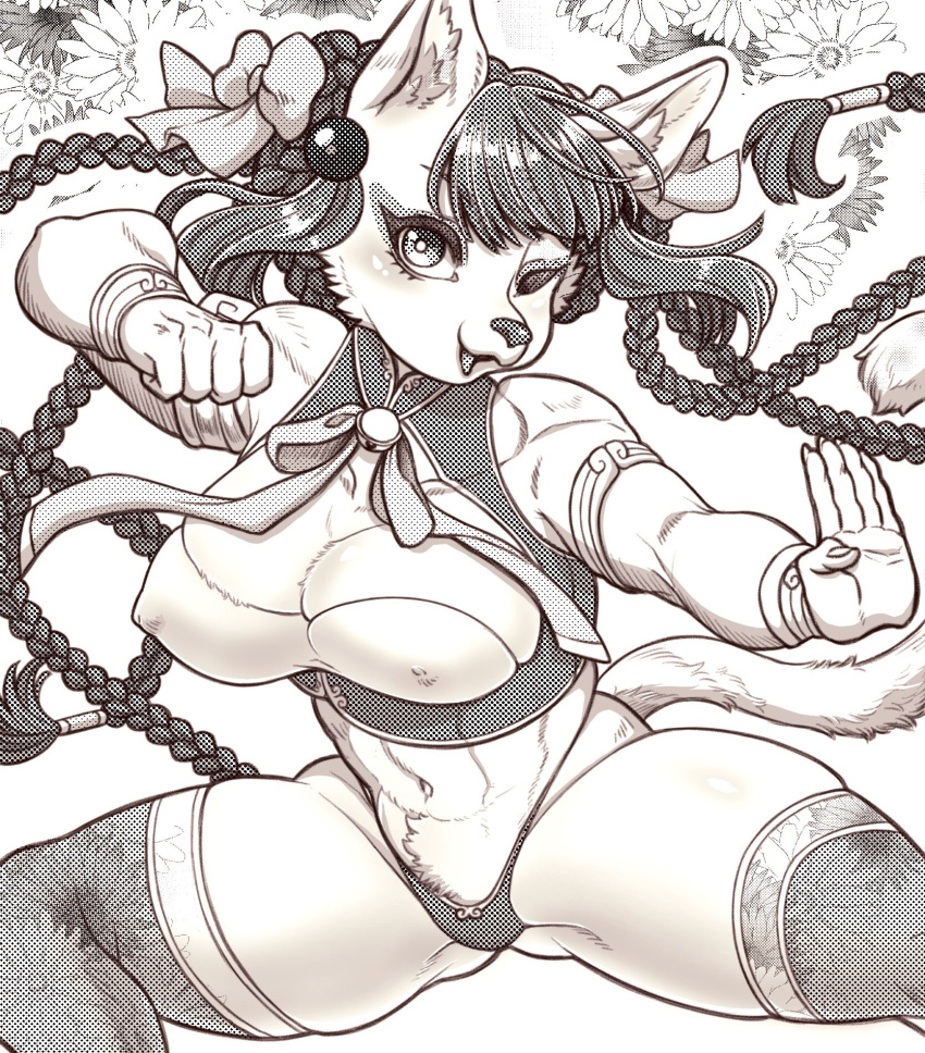 anthro big_breasts braided_hair breasts canid canine cleavage clothed clothing female hair hi_res kemono mammal monochrome nipple_outline nzuuure one_eye_closed panties solo underwear wink